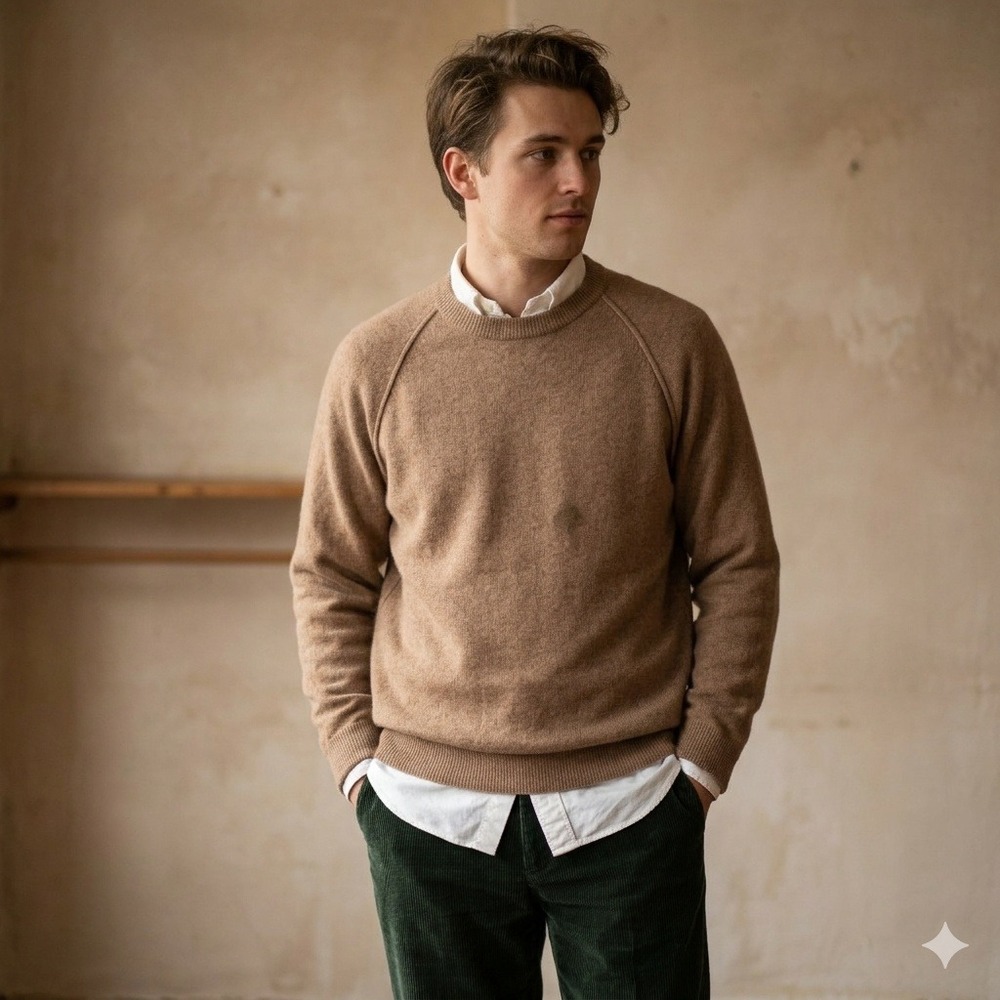 Carroll & Co Sweater Mens 40 Tan Wool Angora Crewneck Raglan Scotland‎ Old Money